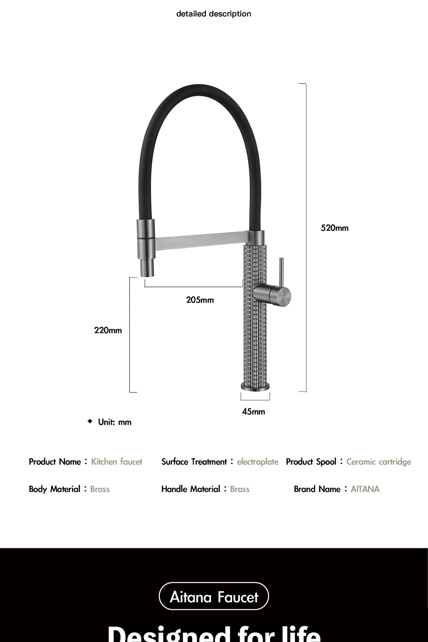 Aitana Black Brass Pull-Out Kitchen Faucet – Hot & Cold, Single Handle