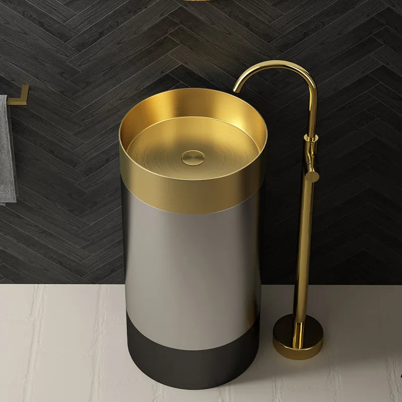 304 Stainless Steel Column Wash Basin Modern Luxury Pedestal Sink