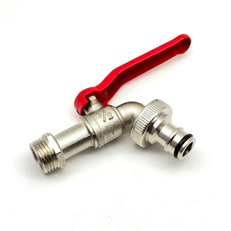 Metal valve with red handle on a white background