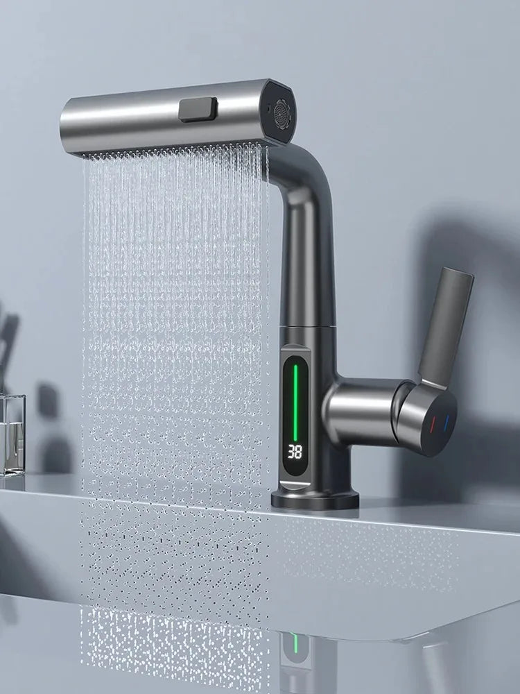 Waterfall Bathroom Basin Faucet with Digital Temperature Display