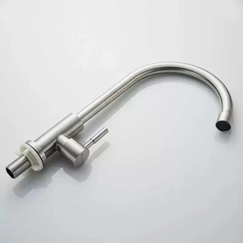Stainless steel kitchen faucet on a light gray background