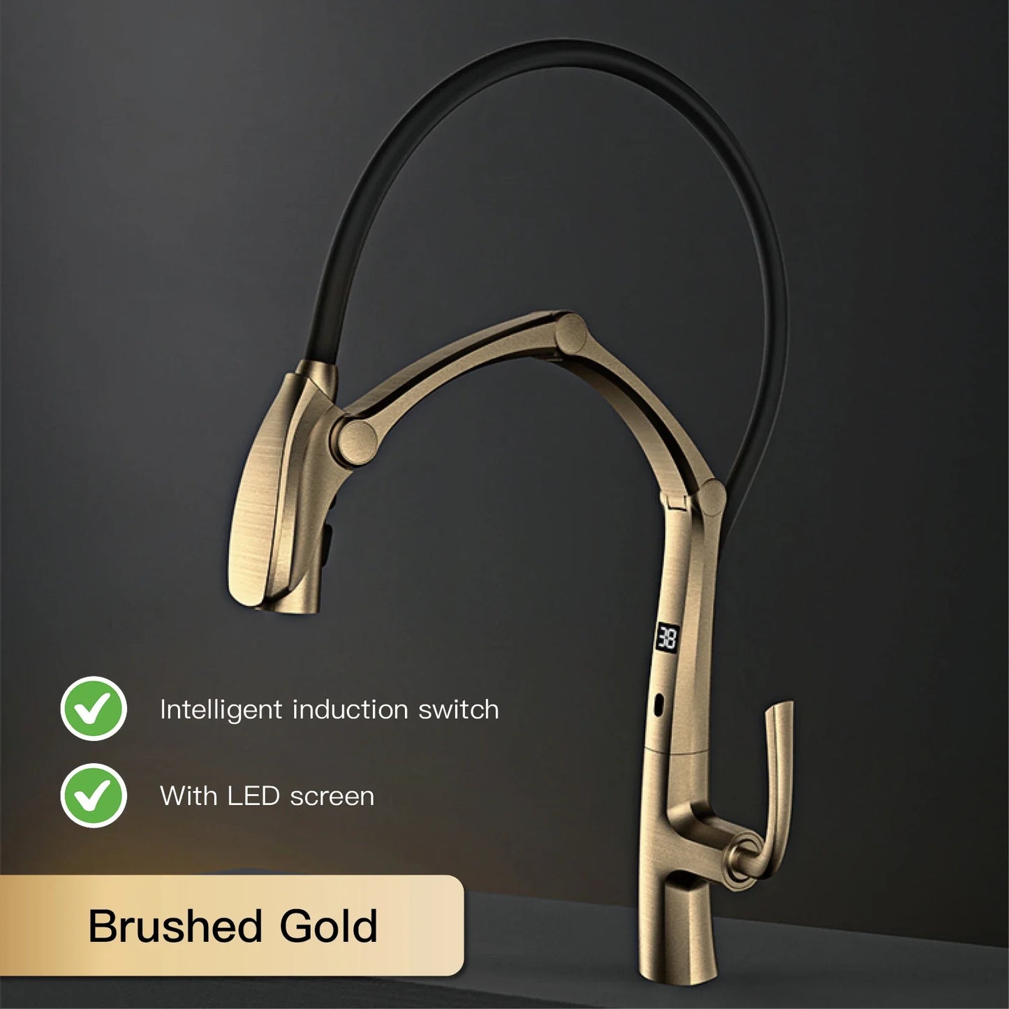 Luxury Gun Gray Brass Kitchen Faucet – Digital Touchless Pull-Out Mixer