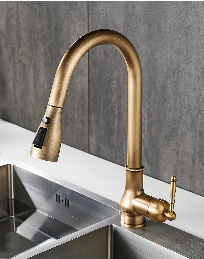 Antique Bronze Pull-Out Kitchen Faucet Hot Cold Mixer Tap