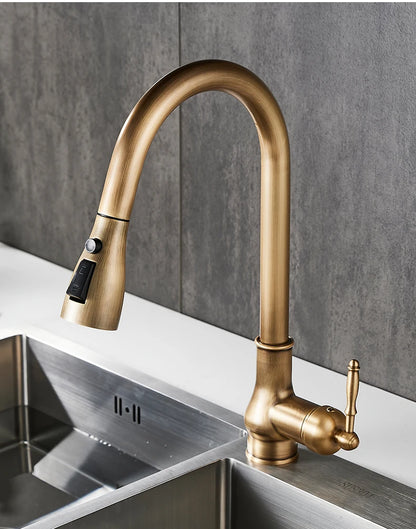 Antique Bronze Pull-Out Kitchen Faucet Hot Cold Mixer Tap