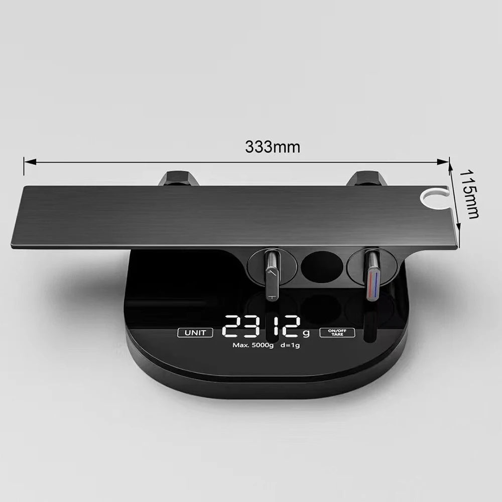 Digital kitchen scale with dimensions labeled on a light gray background