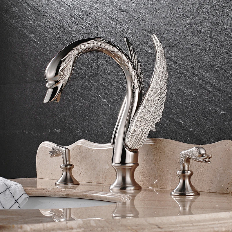 Bathroom Basin Faucet Deck Mounted Dual Handle Hot and Cold Water Mixer Sink Tap Golden Swan Basin Crane Faucet