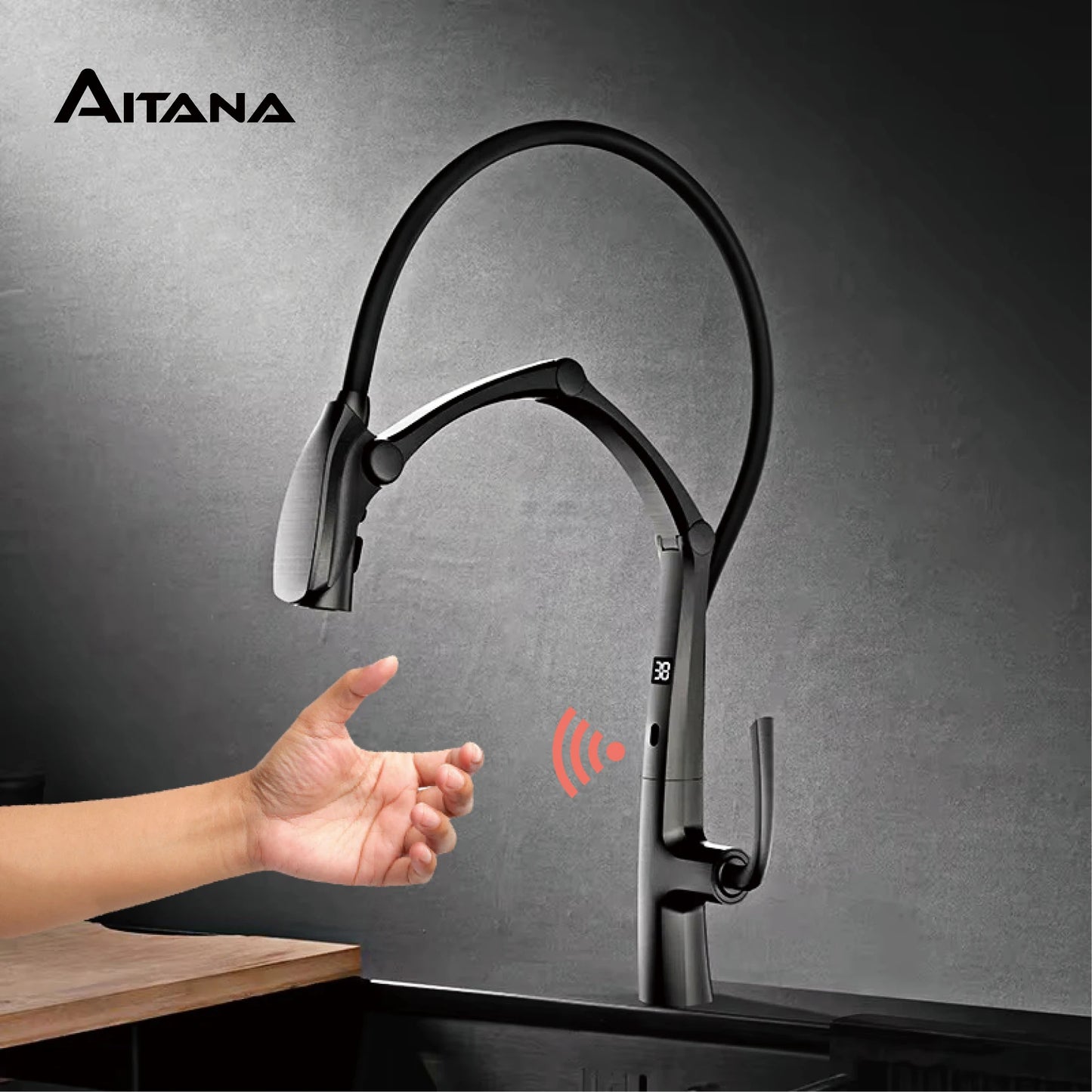 AITANA Gun Grey Touchless LED Kitchen Faucet – Pull-Out 3-Function Spray