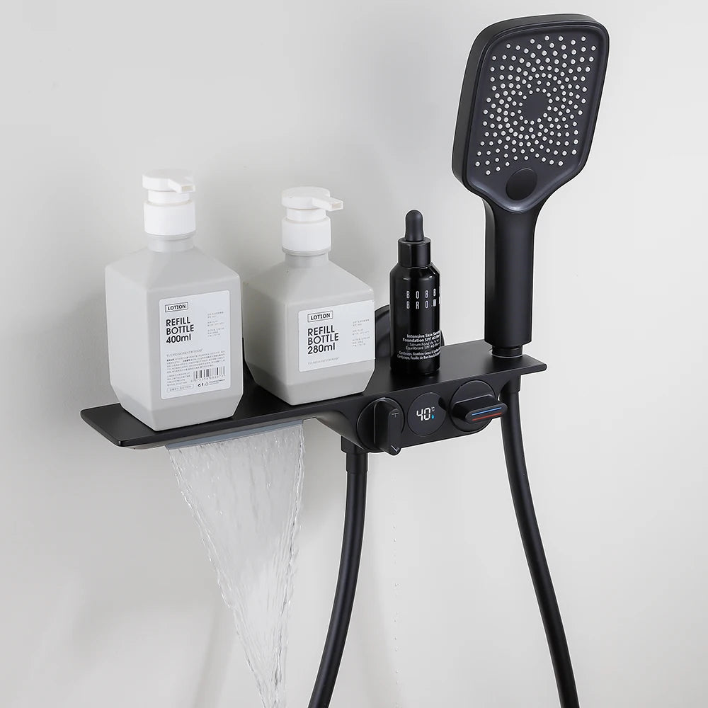 Wall-Mounted Bathtub Faucet with Temperature Display & Waterfall Shelf