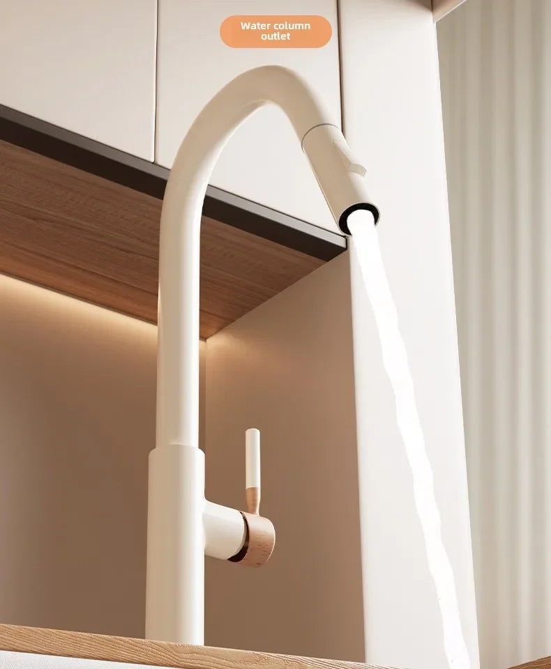 Cream Pull Out Kitchen Faucet Hot Cold Rotating Mixer Tap