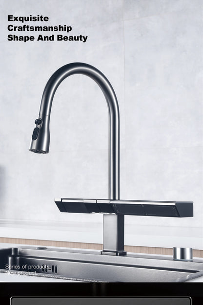Luxury digital display brass grey kitchen faucet pull-out design waterfall water outlet single handle Cold & Hot 2 control Tap