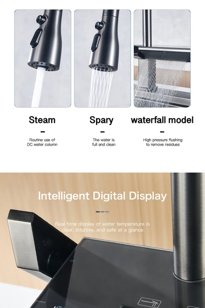 Luxury digital display brass grey kitchen faucet pull-out design waterfall water outlet single handle Cold & Hot 2 control Tap