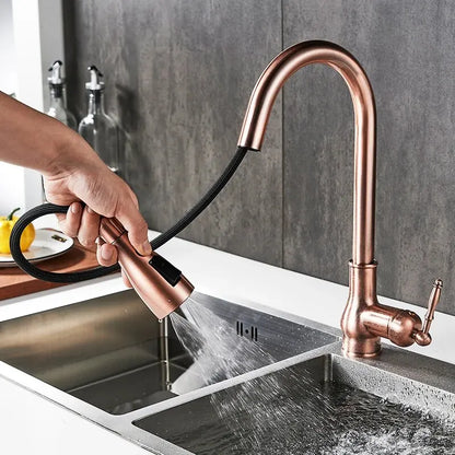 Antique Bronze Pull-Out Kitchen Faucet Hot Cold Mixer Tap