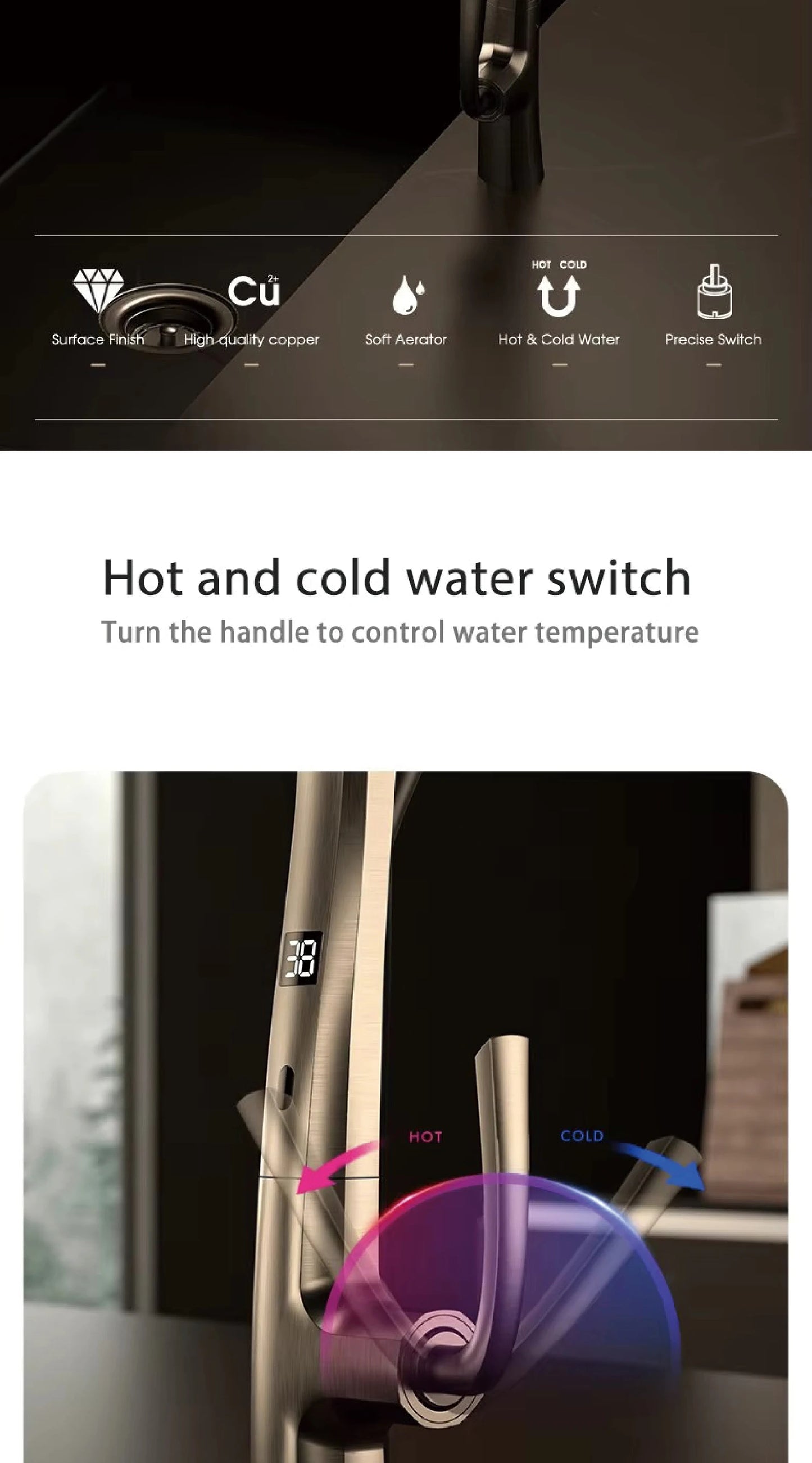 AITANA Gun Grey Touchless LED Kitchen Faucet – Pull-Out 3-Function Spray