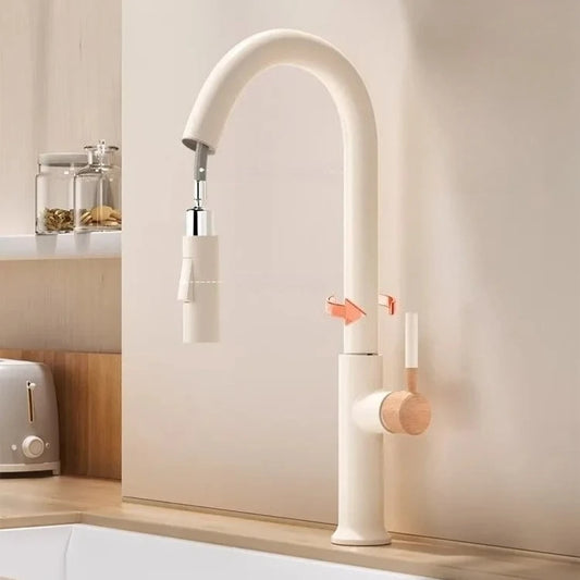 Cream Pull Out Kitchen Faucet Hot Cold Rotating Mixer Tap