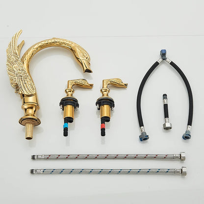 Bathroom Basin Faucet Deck Mounted Dual Handle Hot and Cold Water Mixer Sink Tap Golden Swan Basin Crane Faucet