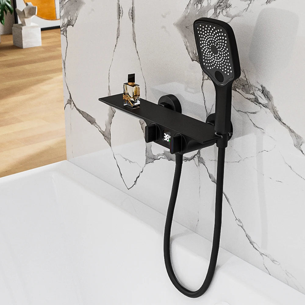 Wall-Mounted Bathtub Faucet with Temperature Display & Waterfall Shelf