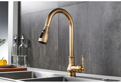 Antique Bronze Pull-Out Kitchen Faucet Hot Cold Mixer Tap