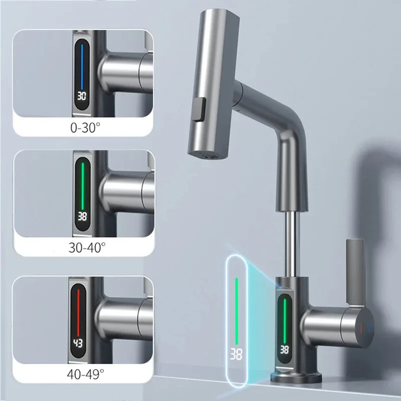 Waterfall Bathroom Basin Faucet with Digital Temperature Display