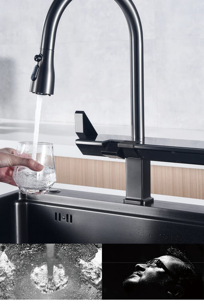 Luxury digital display brass grey kitchen faucet pull-out design waterfall water outlet single handle Cold & Hot 2 control Tap