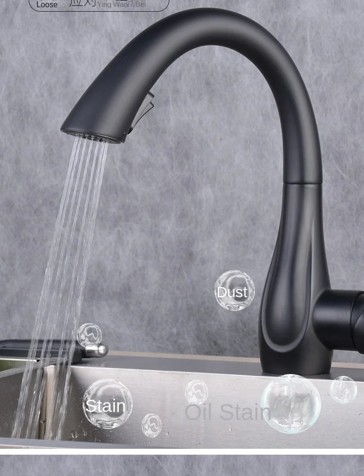 Black kitchen faucet with water flowing into a sink against a gray background