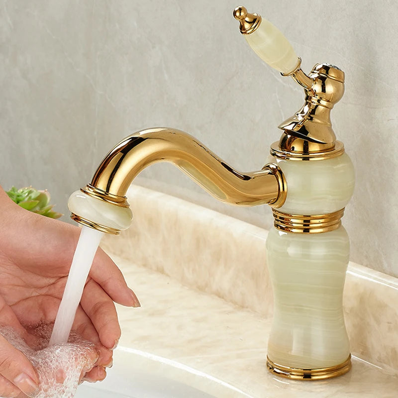Luxury Brass and Jade Bathroom Faucet - Gold Sink Mixer Tap for Basin, Anti-Leak Ceramic Cartridge, Easy Install, Shiny Finish