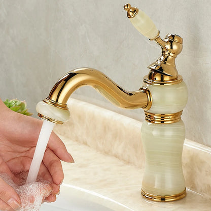 Luxury Brass and Jade Bathroom Faucet - Gold Sink Mixer Tap for Basin, Anti-Leak Ceramic Cartridge, Easy Install, Shiny Finish