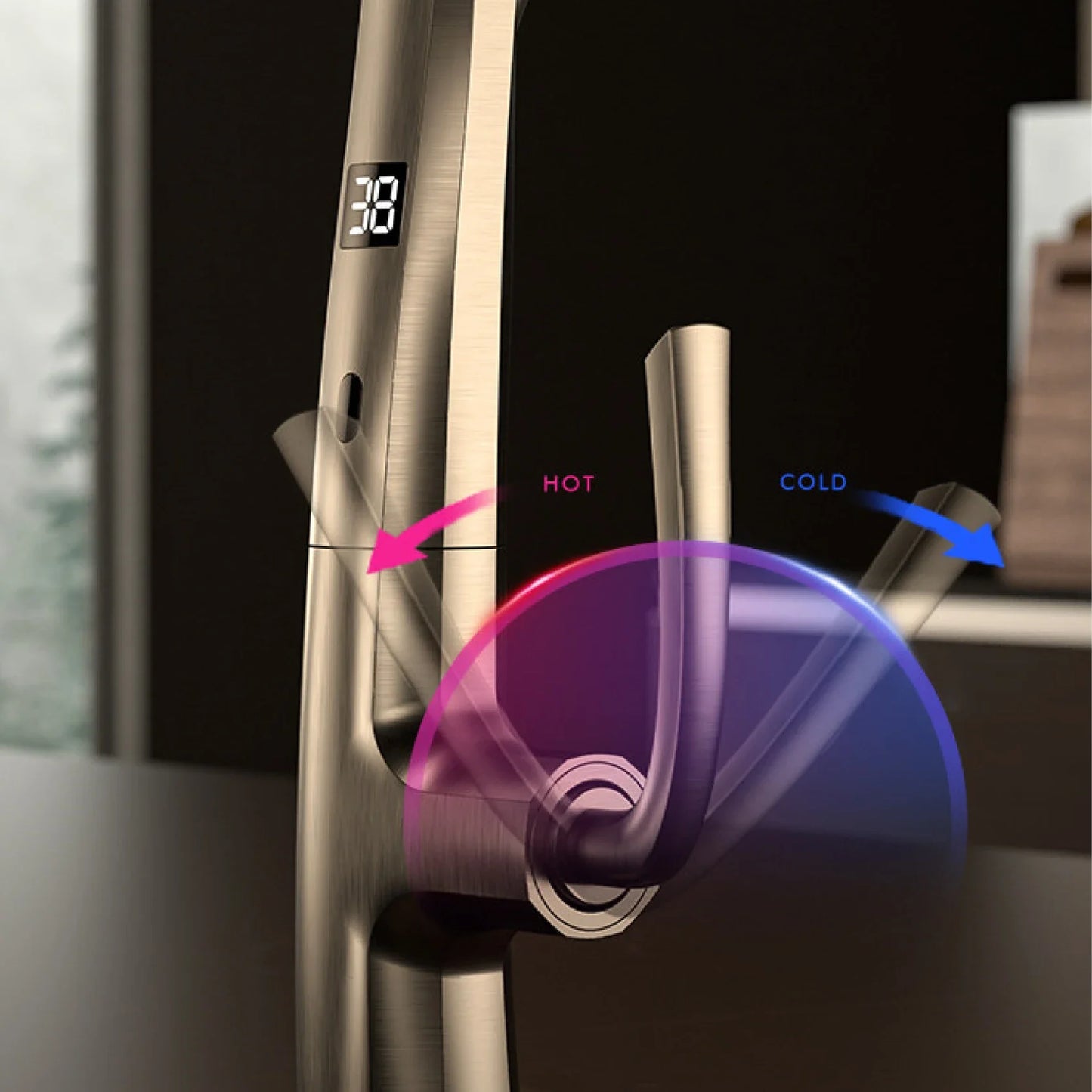 Hot and cold water dispenser with labeled arrows and digital display.