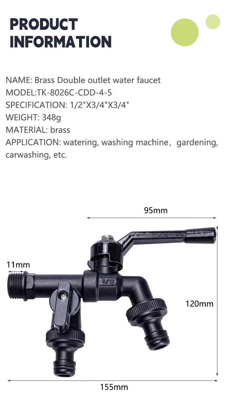 Brass double outlet water faucet with dimensions and product information on a white background