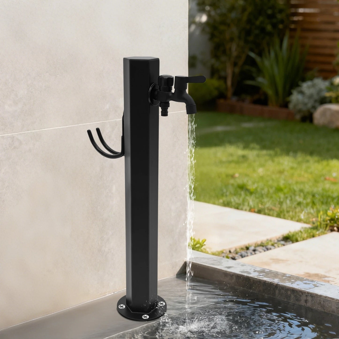 Hexagonal Outdoor Column Faucet 304 Steel Dual Outlet Floor Mount