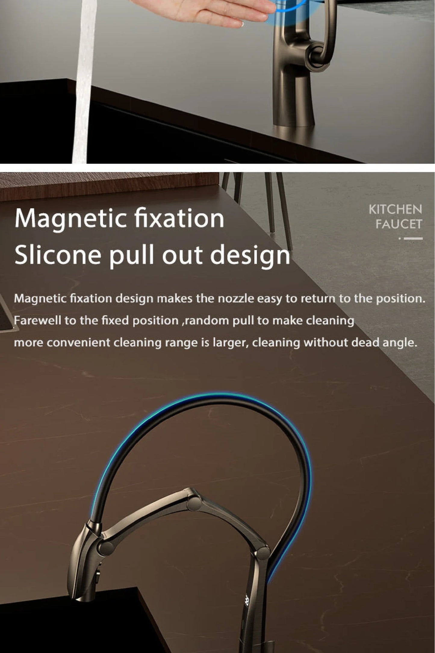 Luxury Gun Gray Brass Kitchen Faucet – Digital Touchless Pull-Out Mixer