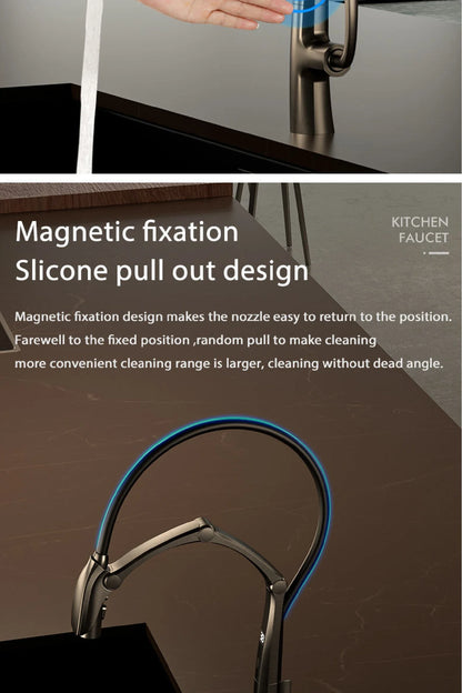 Luxury Gun Gray Brass Kitchen Faucet – Digital Touchless Pull-Out Mixer