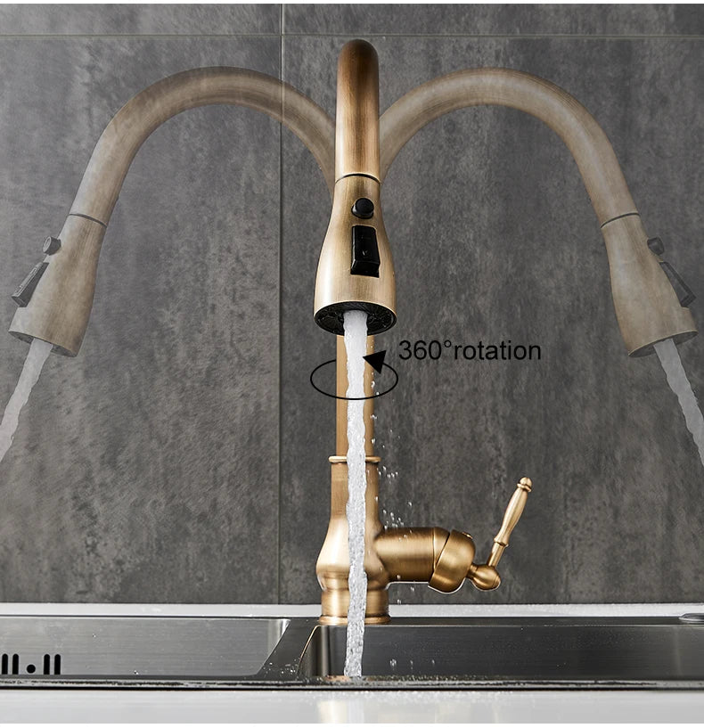 Antique Bronze Pull-Out Kitchen Faucet Hot Cold Mixer Tap