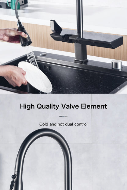 Luxury digital display brass grey kitchen faucet pull-out design waterfall water outlet single handle Cold & Hot 2 control Tap