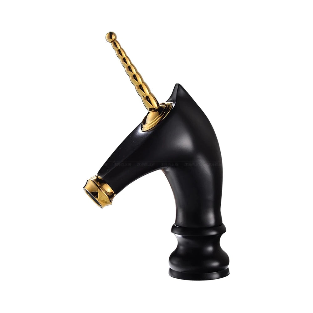 Horse Head Brass Bathroom Faucet – Gold Animal Design, Hot & Cold Mixer