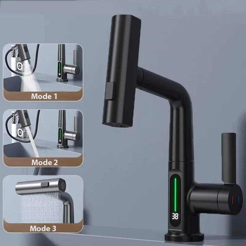 Waterfall Bathroom Basin Faucet with Digital Temperature Display