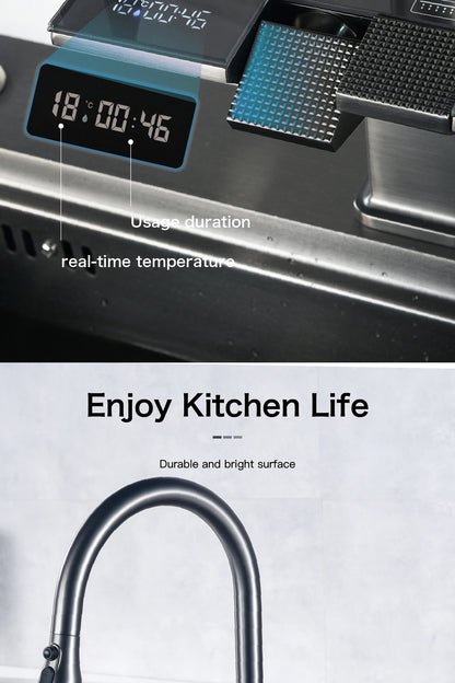 Luxury digital display brass grey kitchen faucet pull-out design waterfall water outlet single handle Cold & Hot 2 control Tap