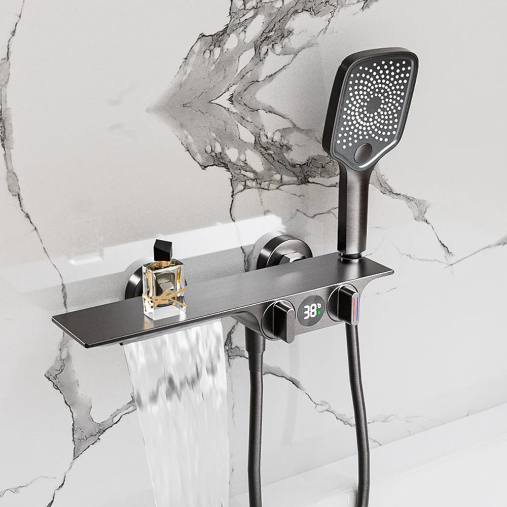 Wall-Mounted Bathtub Faucet with Temperature Display & Waterfall Shelf