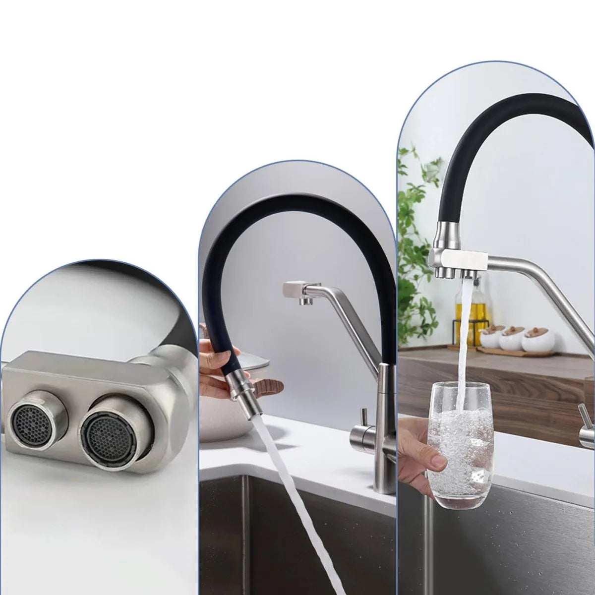 Modern kitchen faucet with water flowing into a glass, set against a neutral background.