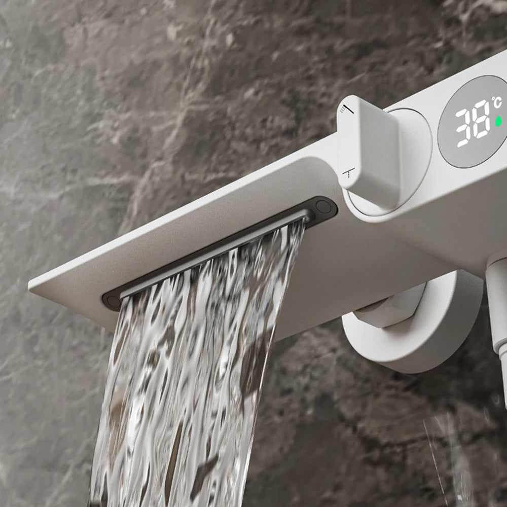 Wall-Mounted Bathtub Faucet with Temperature Display & Waterfall Shelf