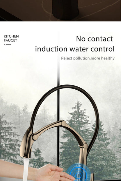 Luxury Gun Gray Brass Kitchen Faucet – Digital Touchless Pull-Out Mixer