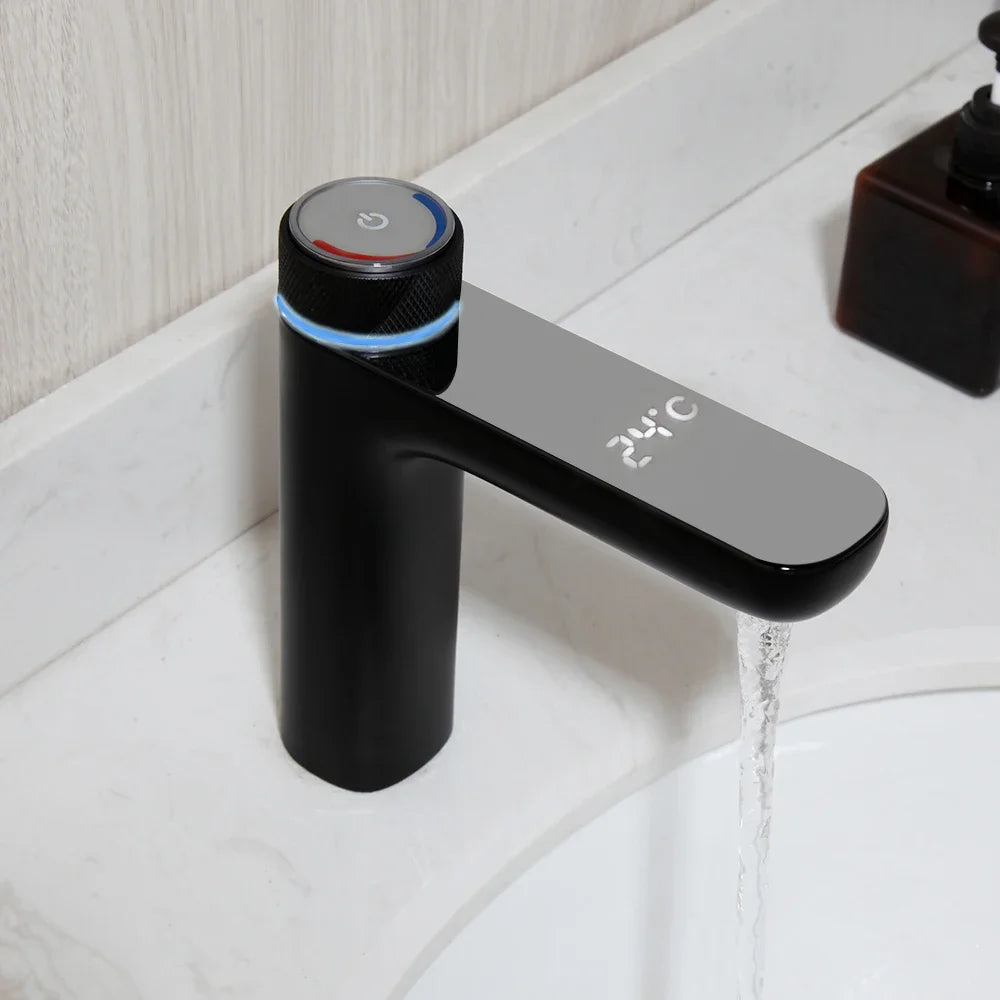 OUBONI Black Digital Display Basin Faucet – Hot & Cold Mixer, Modern Chrome Design