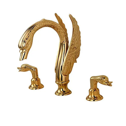 Bathroom Basin Faucet Deck Mounted Dual Handle Hot and Cold Water Mixer Sink Tap Golden Swan Basin Crane Faucet