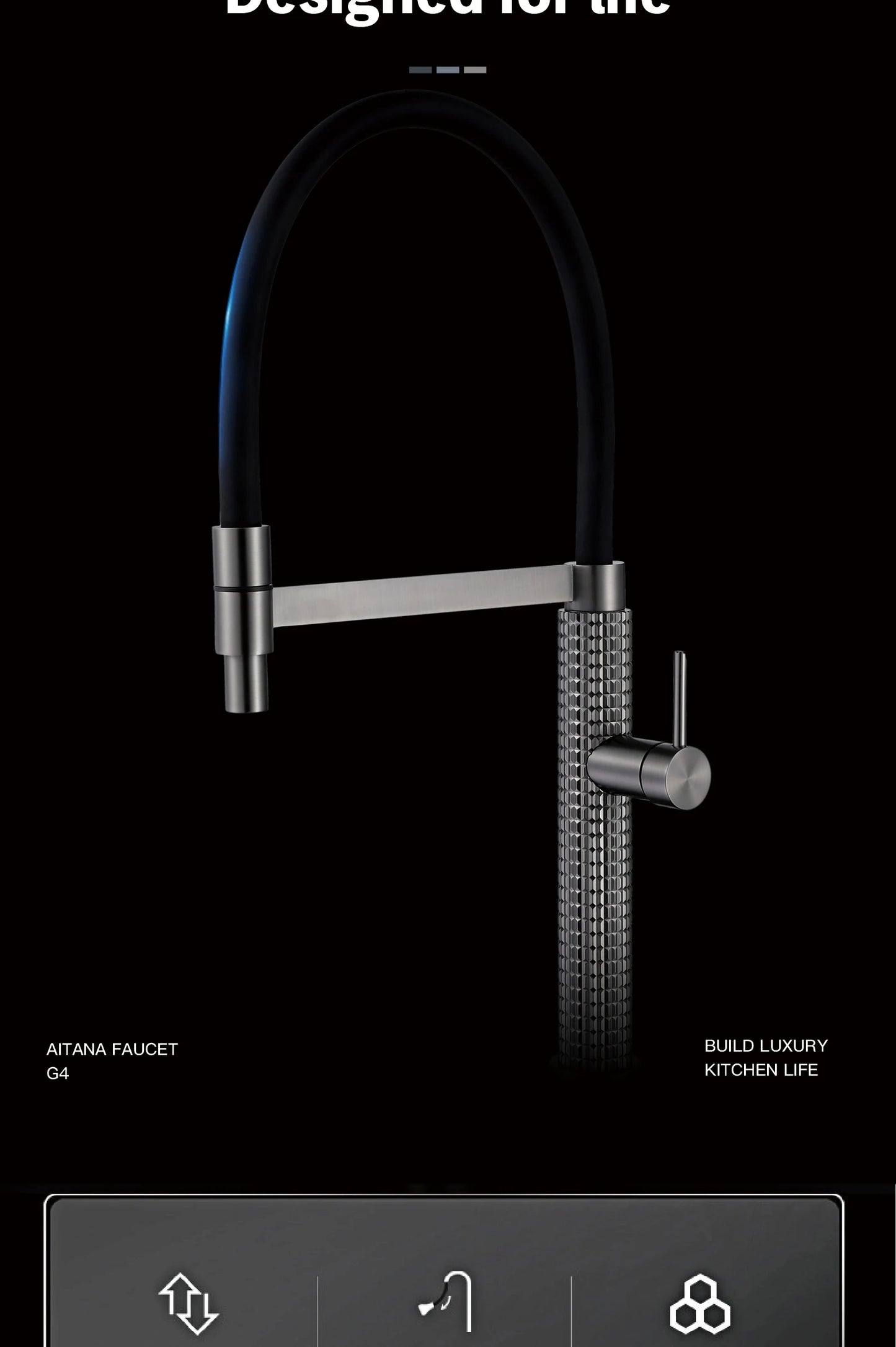 Modern kitchen faucet with flexible hose on a black background