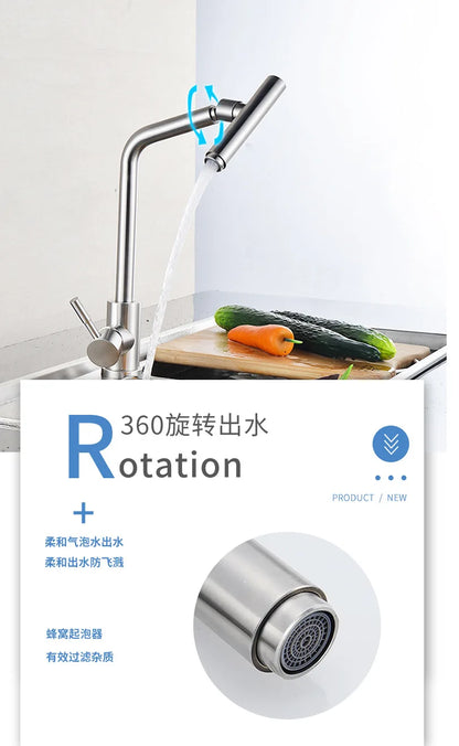 304 Stainless Steel Rotating Kitchen Faucet – Hot & Cold, Single Handle, Brushed Finish