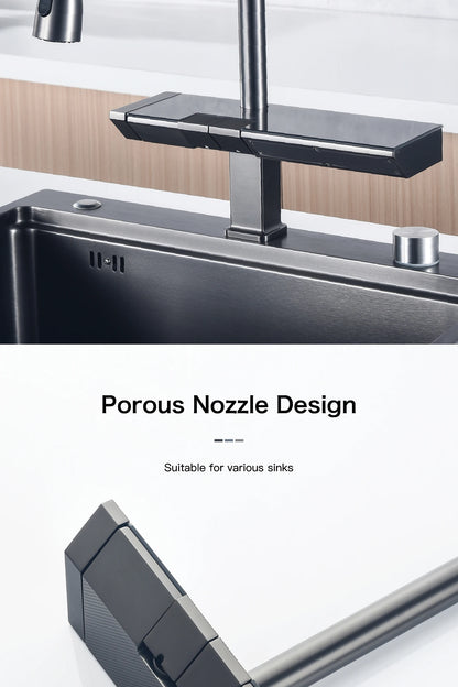 Luxury digital display brass grey kitchen faucet pull-out design waterfall water outlet single handle Cold & Hot 2 control Tap