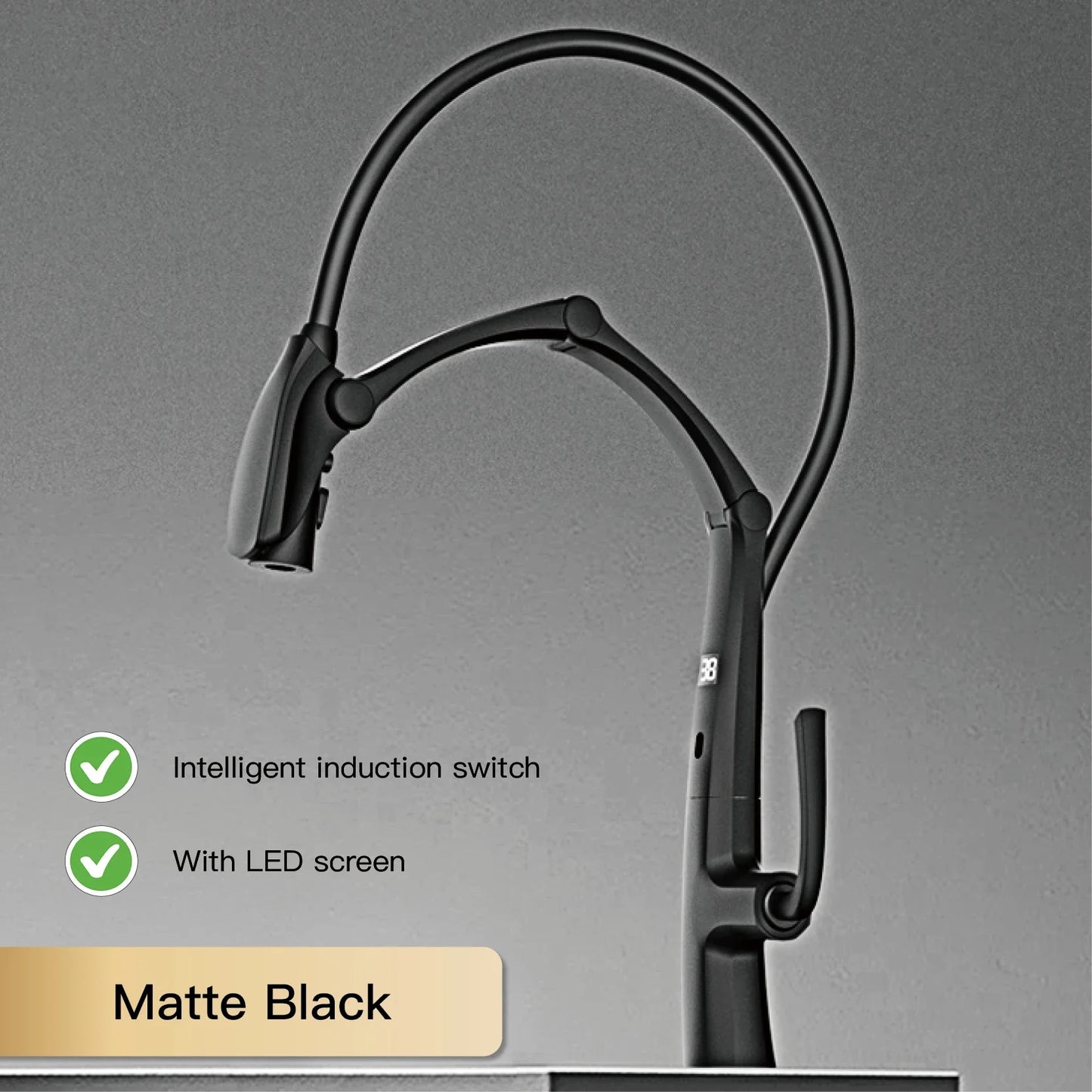 Luxury Gun Gray Brass Kitchen Faucet – Digital Touchless Pull-Out Mixer