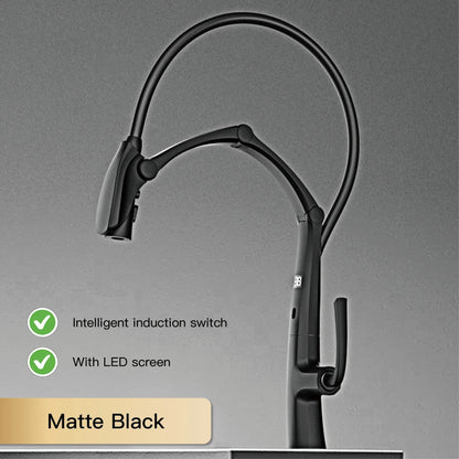 Luxury Gun Gray Brass Kitchen Faucet – Digital Touchless Pull-Out Mixer