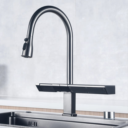 Luxury digital display brass grey kitchen faucet pull-out design waterfall water outlet single handle Cold & Hot 2 control Tap