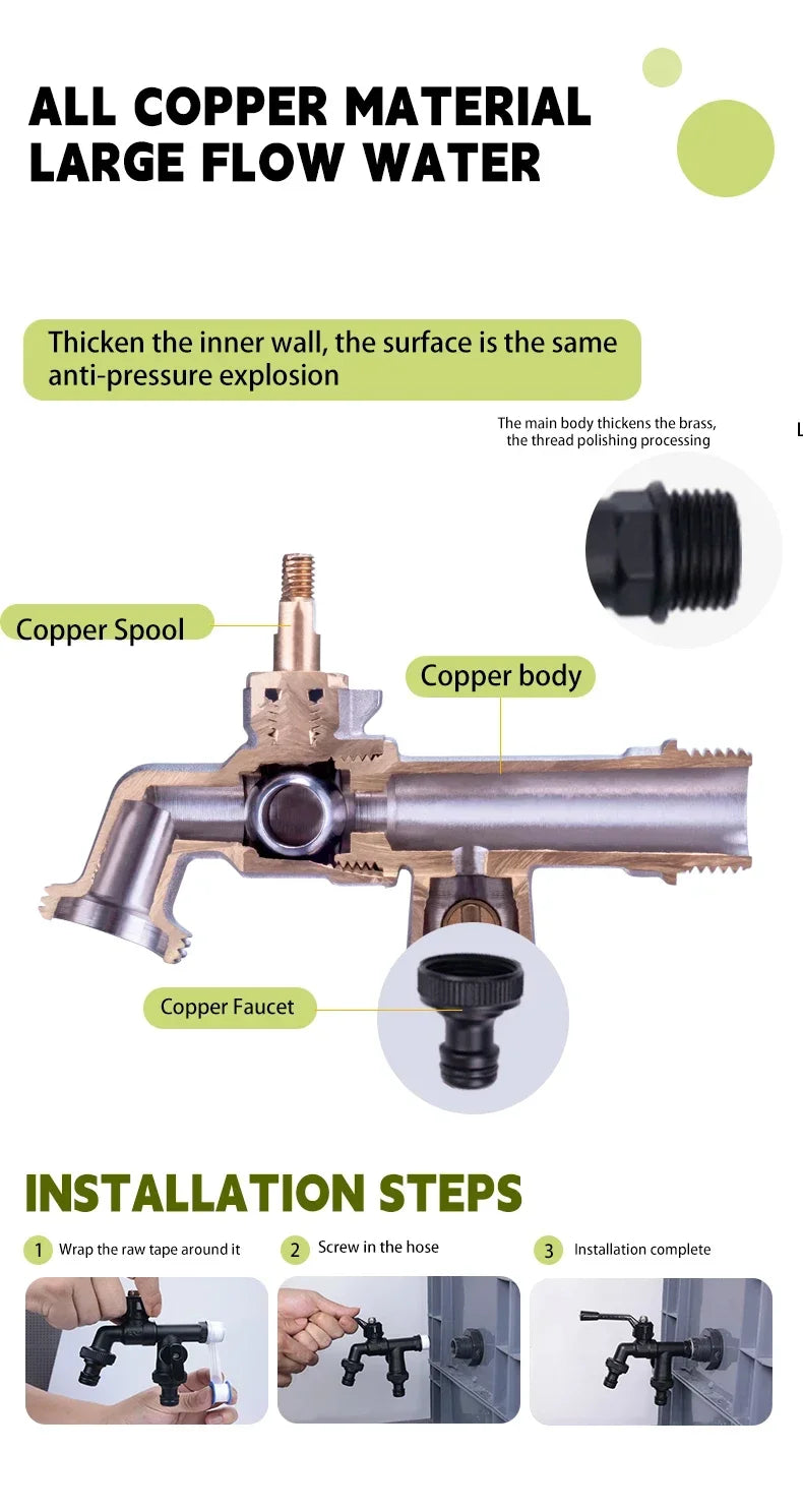 Outdoor Brass Garden Faucet – Anti-Freeze Bibcock with Dual Hose Connector