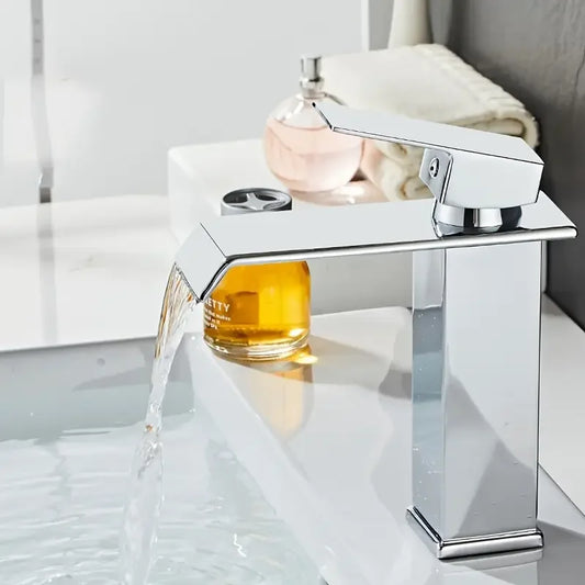 Luxury Glam Style Waterfall Bathroom Sink Faucet - 304 Stainless Steel, Cold and Hot Water Mixer Tap with Chrome Finish,